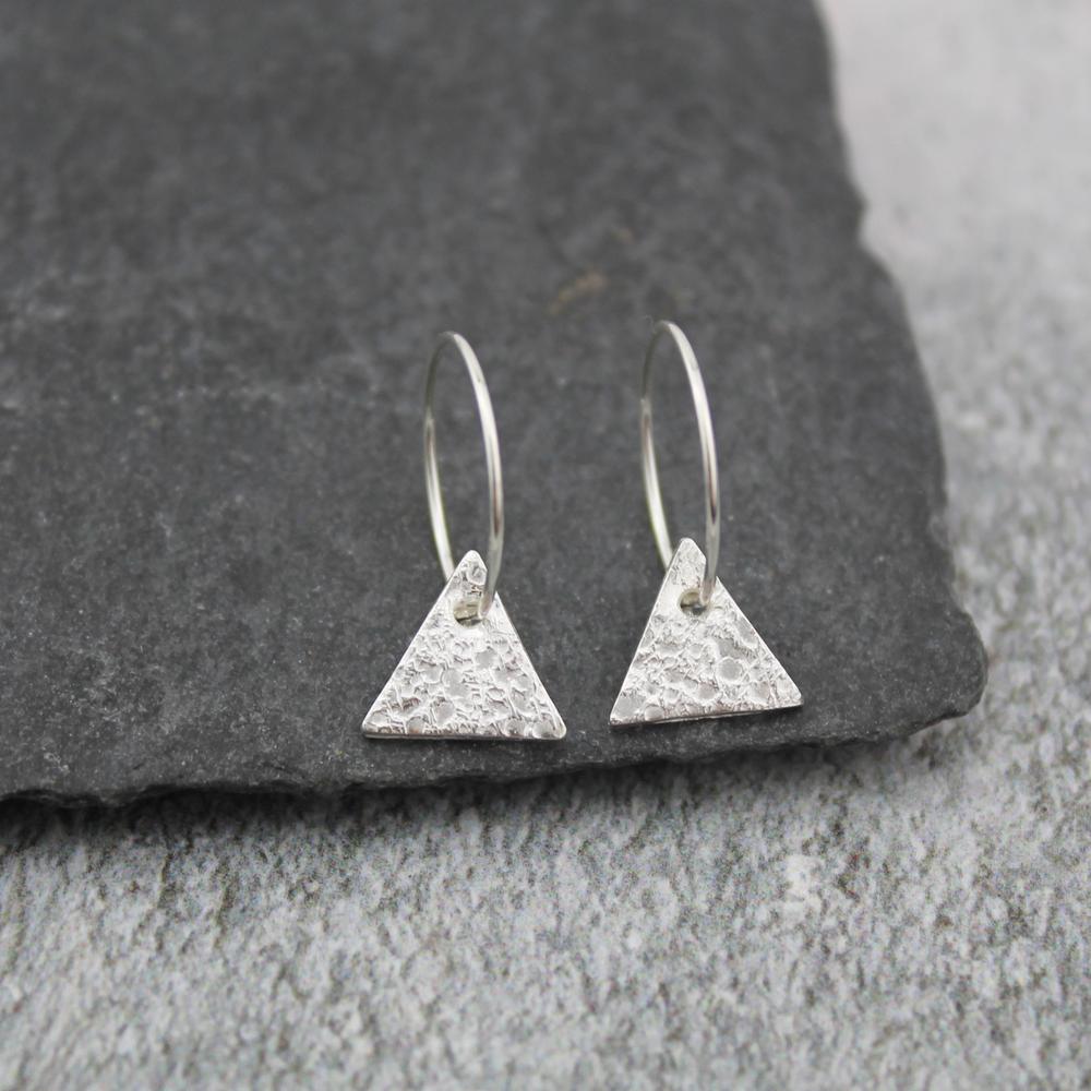 Silver Textured Triangle Charm Hoops
