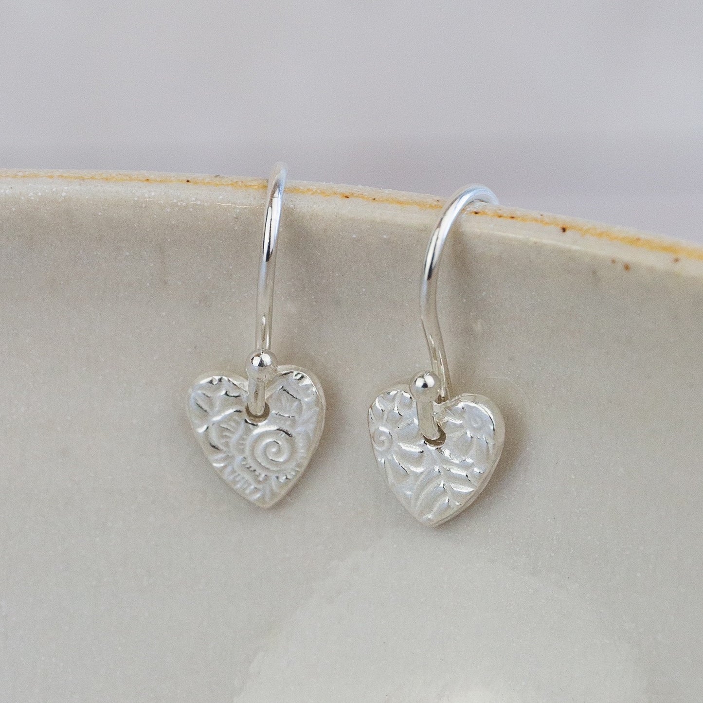 Sterling Silver Mini Textured Heart Earrings by Lucy kemp